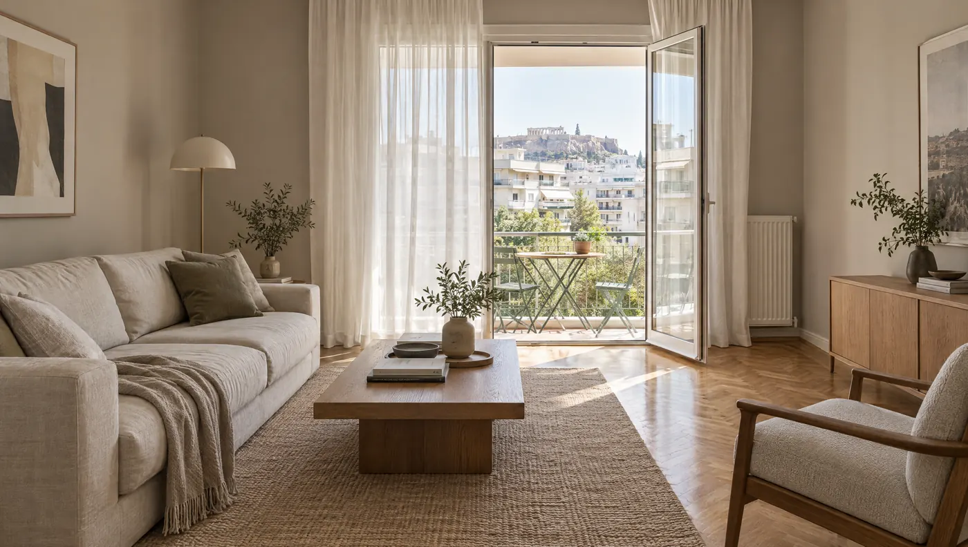 Φρεσκοβαμμένο σαλόνι σε ζεστό γκρι-μπεζ με παρκέ και μπαλκονόπορτα, βάψιμο διαμερίσματος