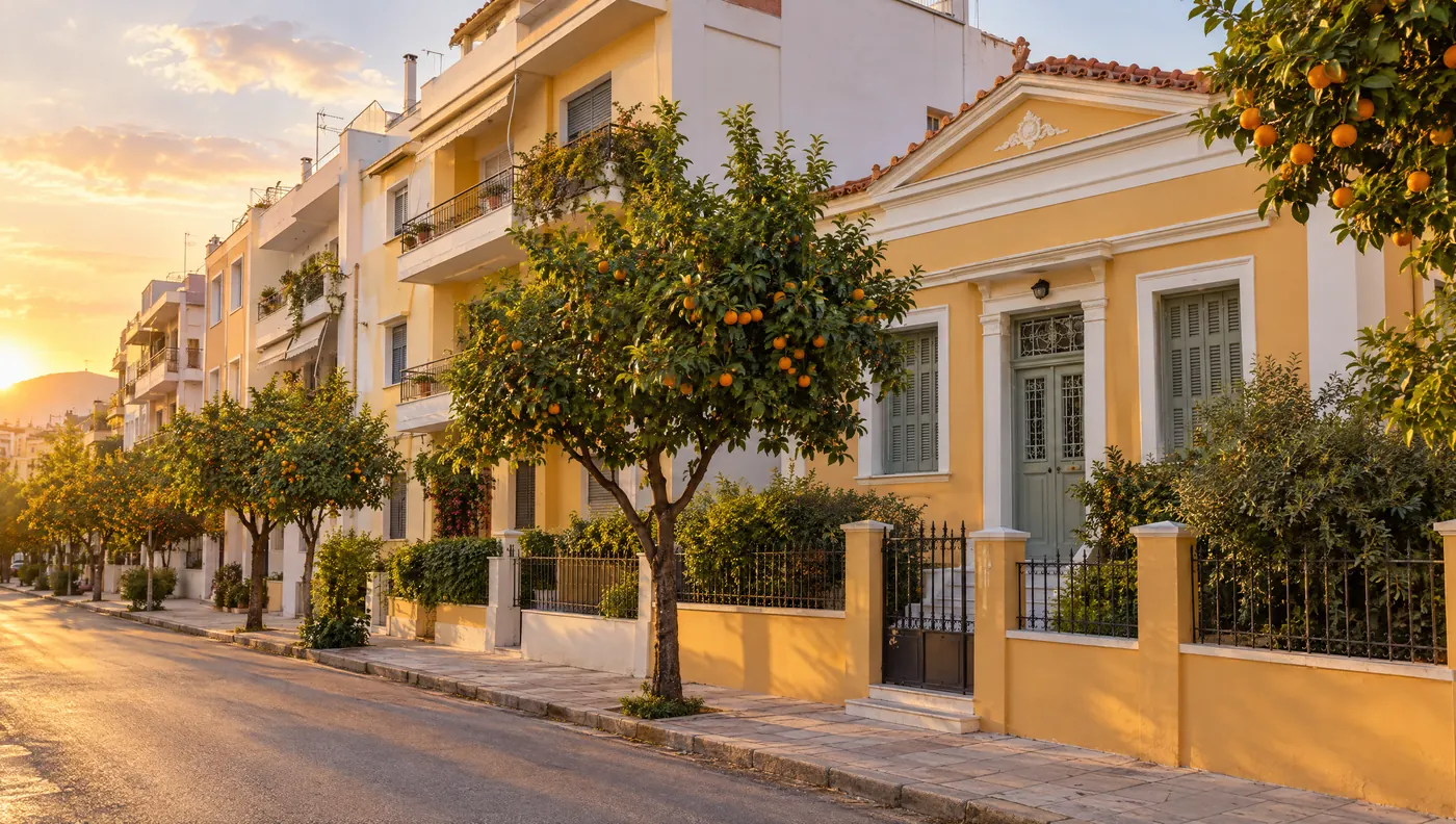 Ήσυχος δρόμος με φρεσκοβαμμένα σπίτια και νεραντζιές στο ηλιοβασίλεμα, δυτικά προάστια